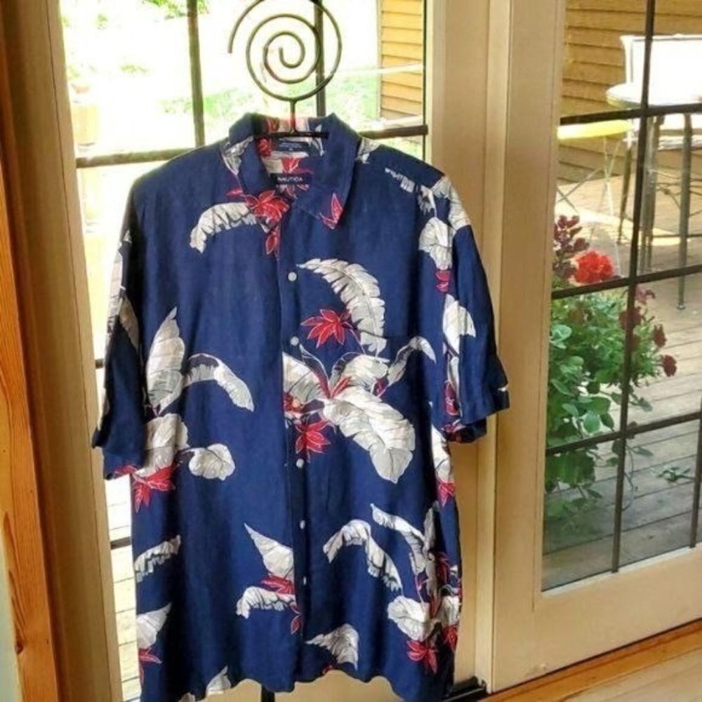 Nautica Hawaiian Themed Blue Casual Button Down Sz. XL‎ SS Shirt